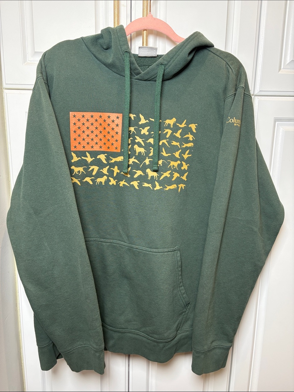 Columbia Forest Green Hooded Pullover with Orange & Yellow Flag Graphic XL